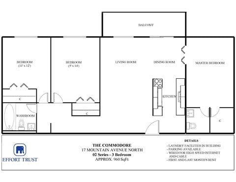 Floor plan for 3 beds, 1 bath
